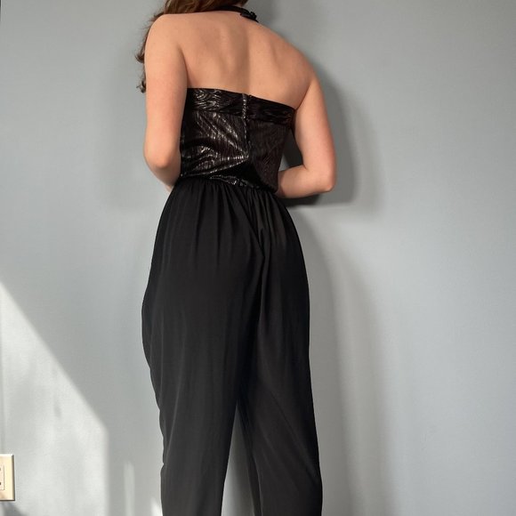 Vintage 80s Jumpsuit, 1980s Black Metallic Halter Parachute Pant One Piece - Picture 8 of 9